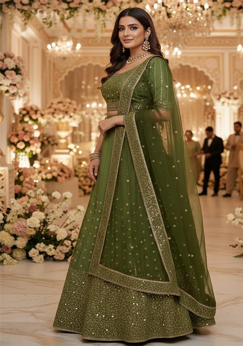Olive Green Embroidery Silk Lehenga Set - Indya