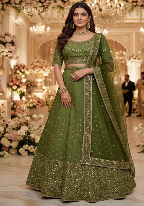 Olive Green Embroidery Silk Lehenga Set