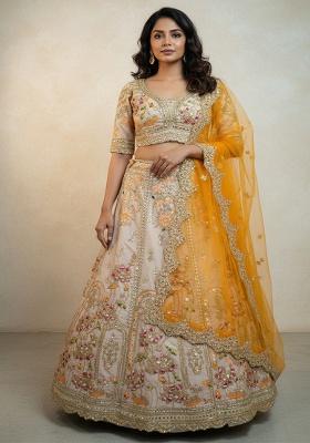 Cream Embroidery Silk Lehenga Set