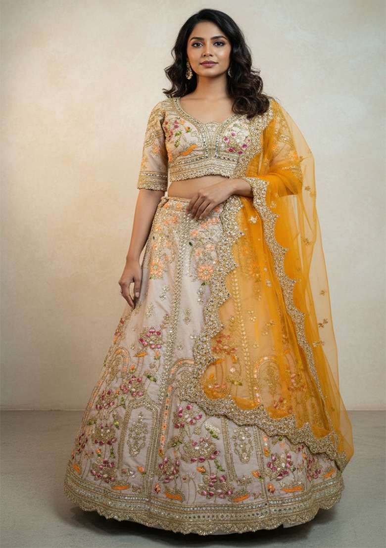 Cream Silk Blend Lehenga Set with Embroidery for Diwali | Wedding & Festive Wear - Indya