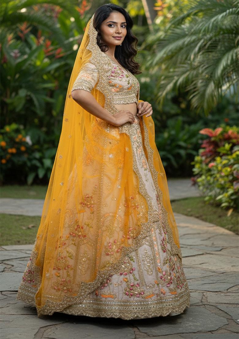 Cream Embroidery Silk Lehenga Set - Indya