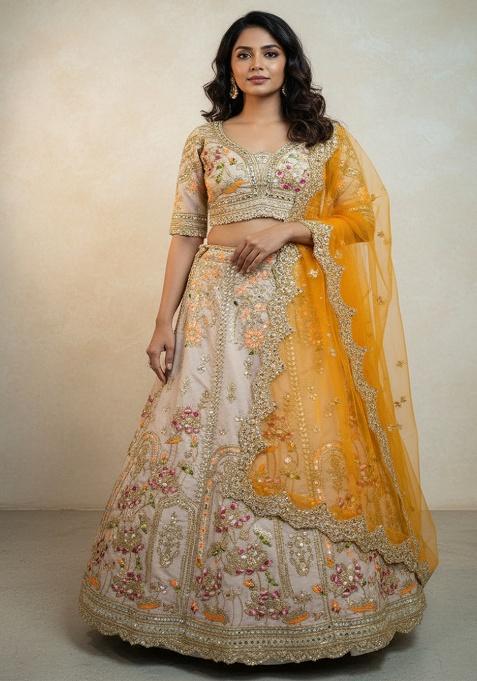 Cream Embroidery Silk Lehenga Set
