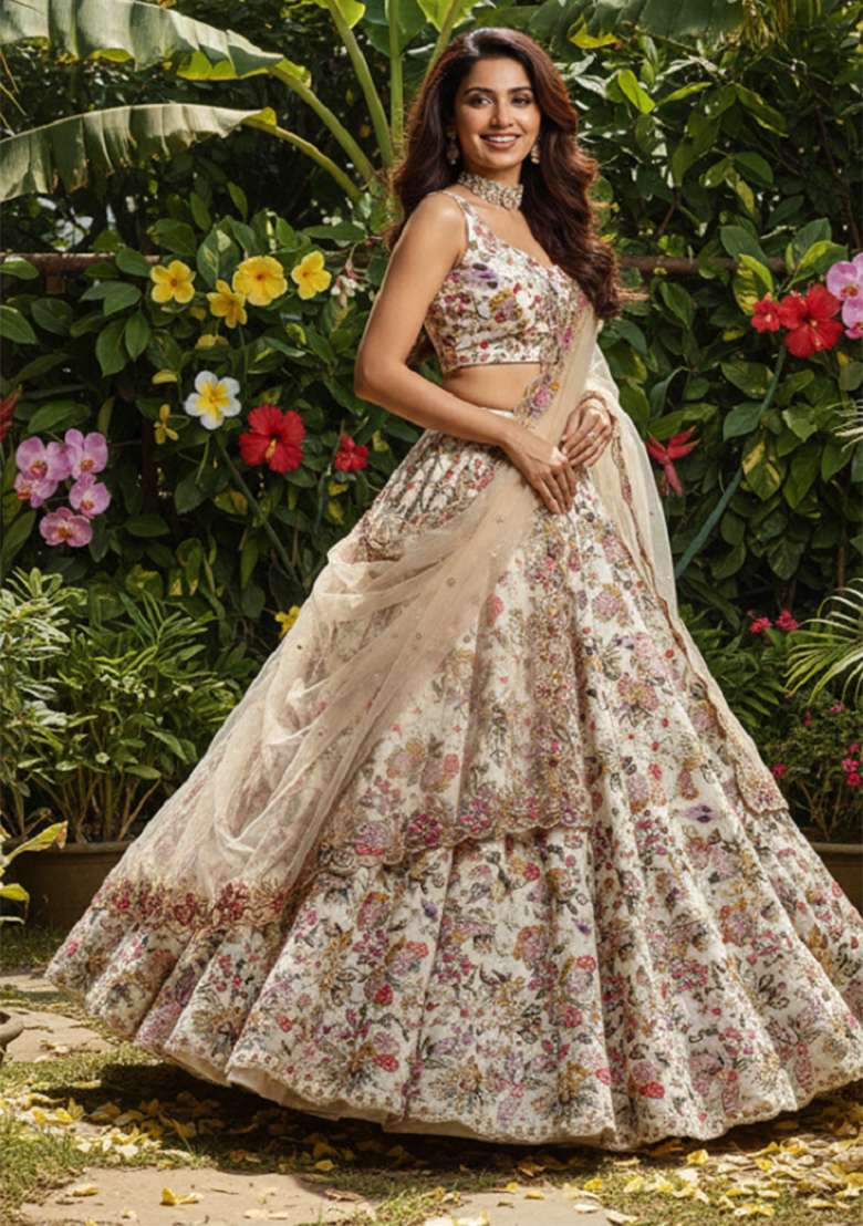Off White Embroidery Georgette Lehenga Set for Diwali and Festive Wear - Indya