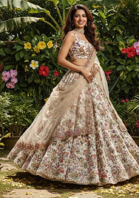 Off White Embroidery Georgette Lehenga Set