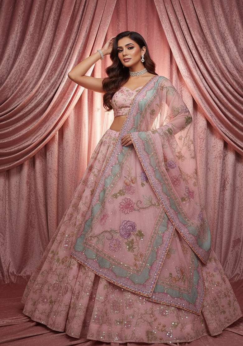 Pink Silk Blend Lehenga Set with Embroidery for Diwali | Wedding & Festive Wear - Indya
