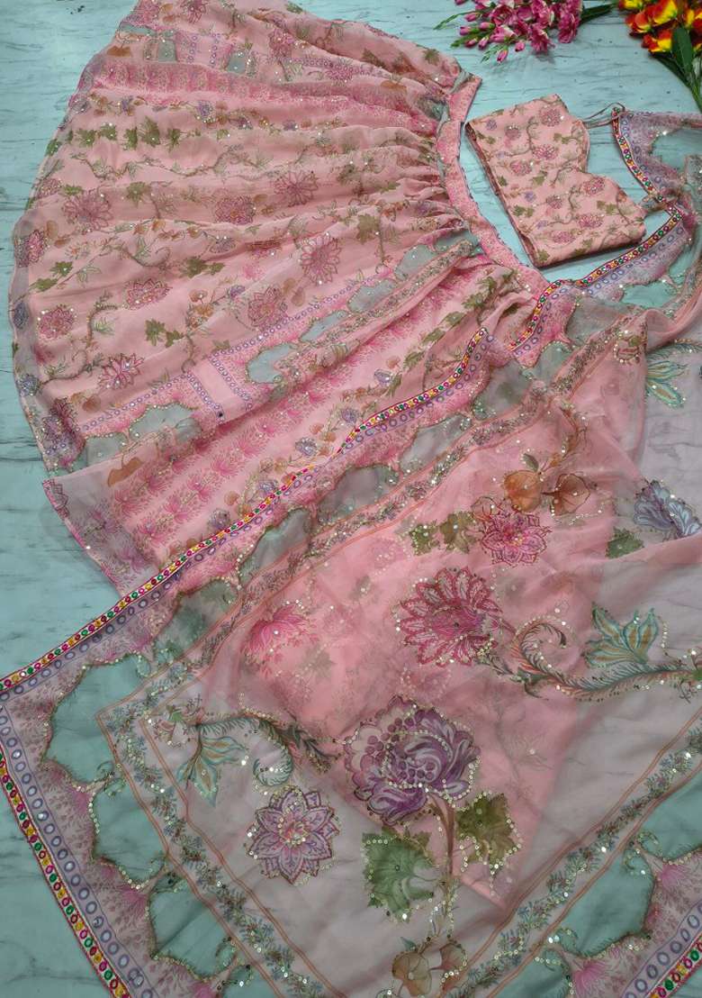 Pink Silk Blend Lehenga Set with Embroidery for Diwali | Wedding & Festive Wear - Indya