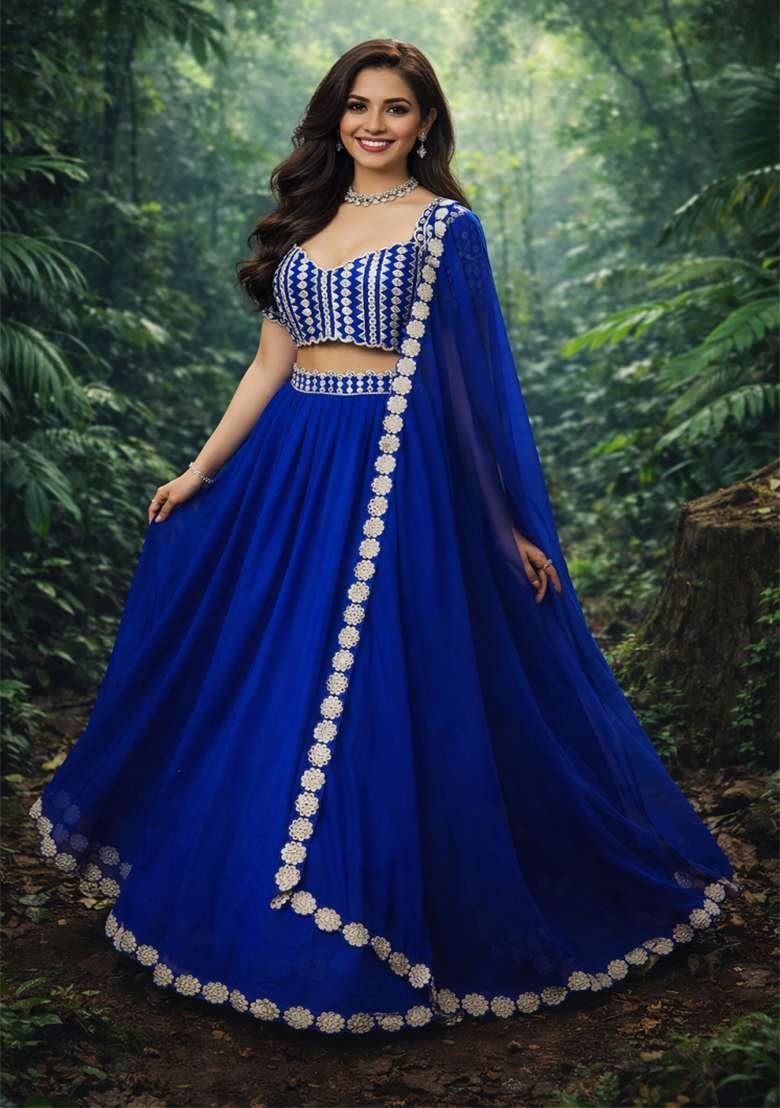 Royal Blue Georgette Lehenga Set with Embroidery for Diwali | Wedding & Festive Wear - Indya