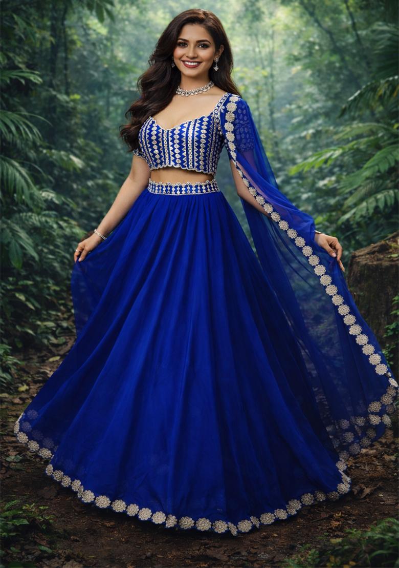 Royal Blue Embroidery Georgette Lehenga Set - Indya