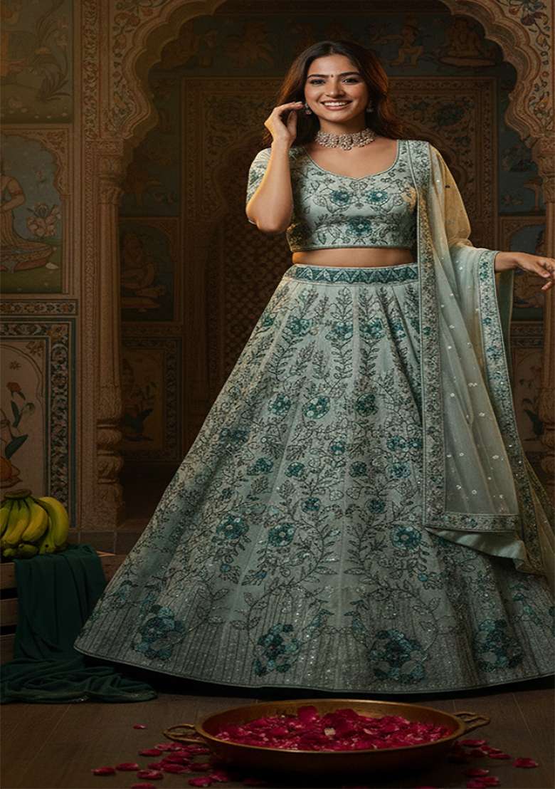 Light Green Georgette Lehenga Set with Embroidery for Diwali | Wedding & Festive Wear - Indya