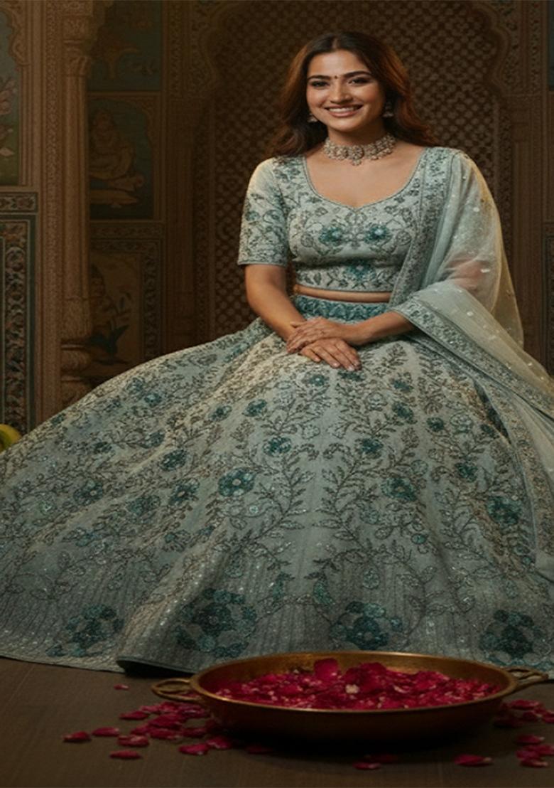 Light Green Embroidery Georgette Lehenga Set - Indya