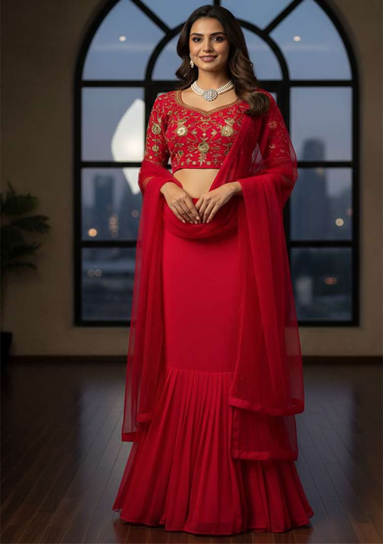 Red Embroidery Georgette Lehenga Set for Diwali and Festive Wear - Indya