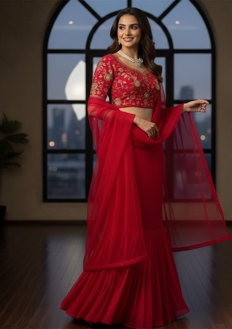 Red Embroidery Georgette Lehenga Set - Indya