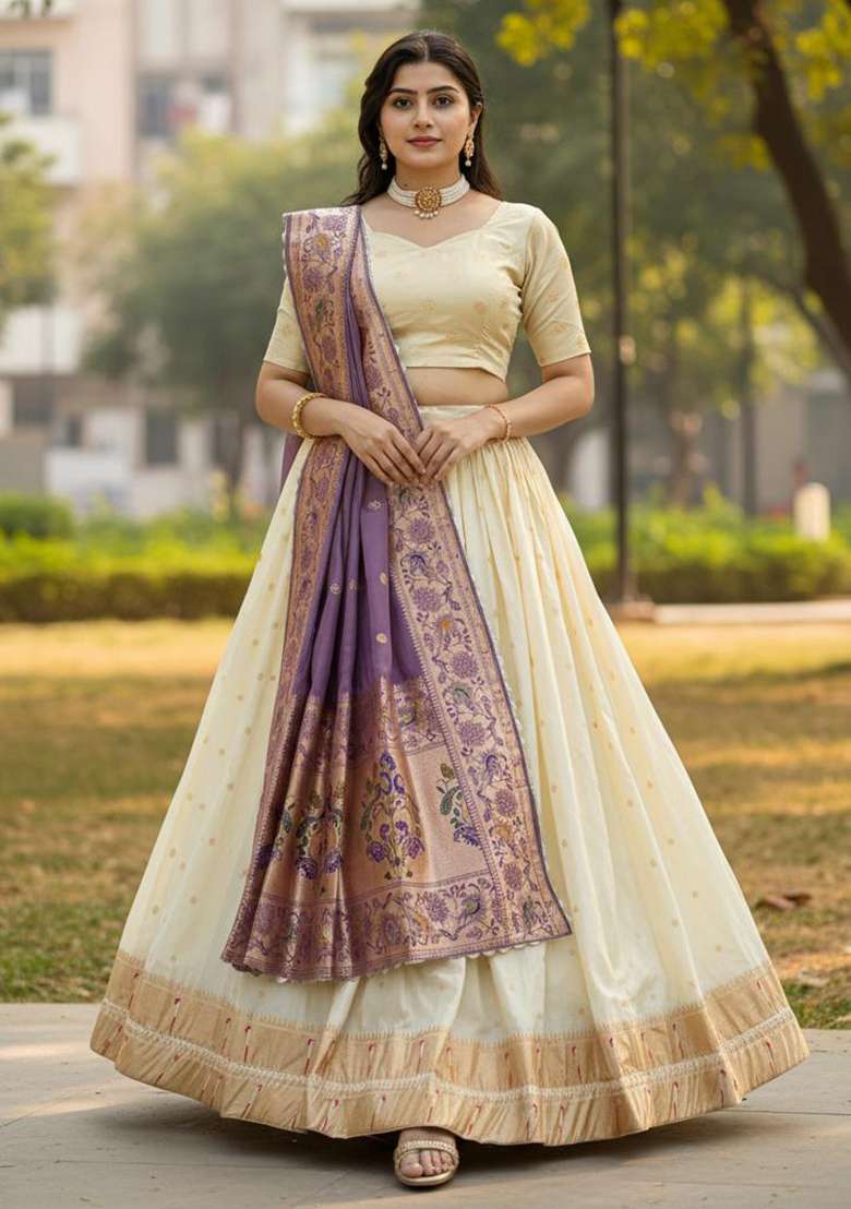 Purple Woven Work Silk Blend Lehenga Set for Diwali | Wedding & Festive Wear - Indya