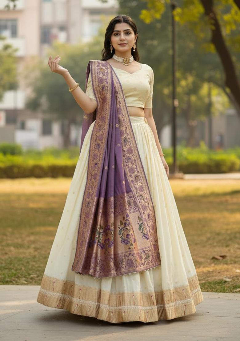 Purple Woven Work Silk Lehenga Set - Indya