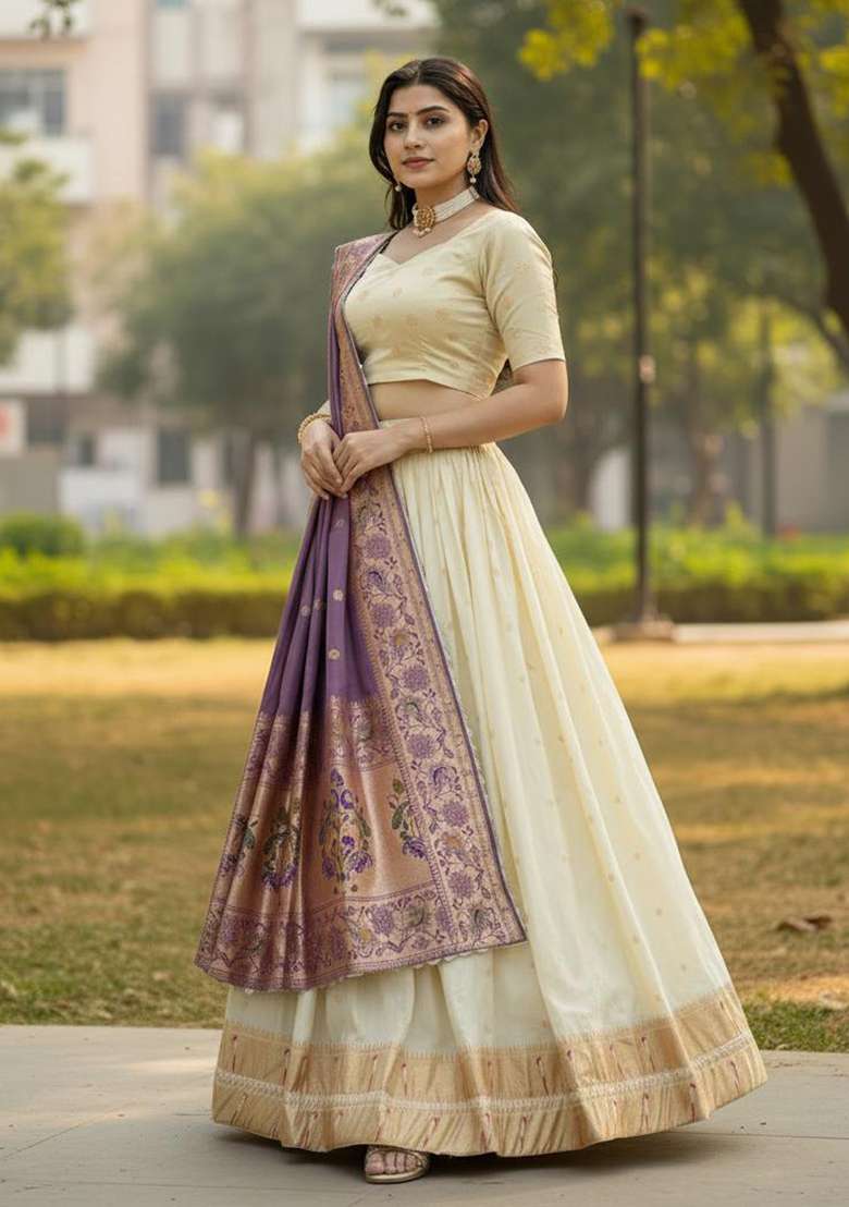 Purple Woven Work Silk Blend Lehenga Set for Diwali | Wedding & Festive Wear - Indya