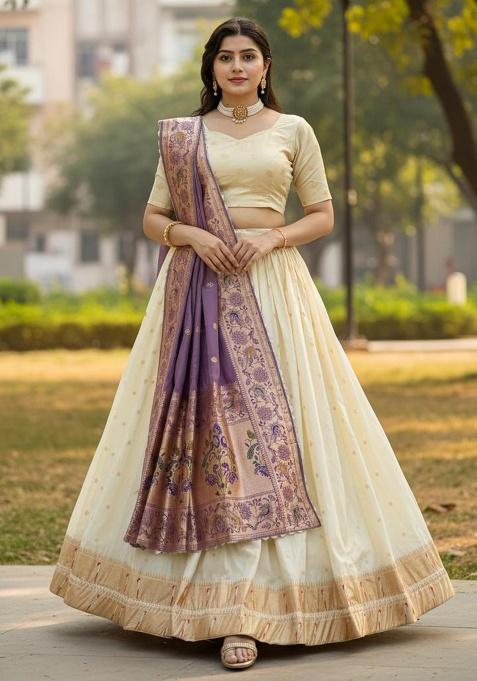 Purple Woven Work Silk Lehenga Set