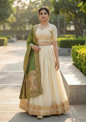 Green Woven Work Silk Lehenga Set