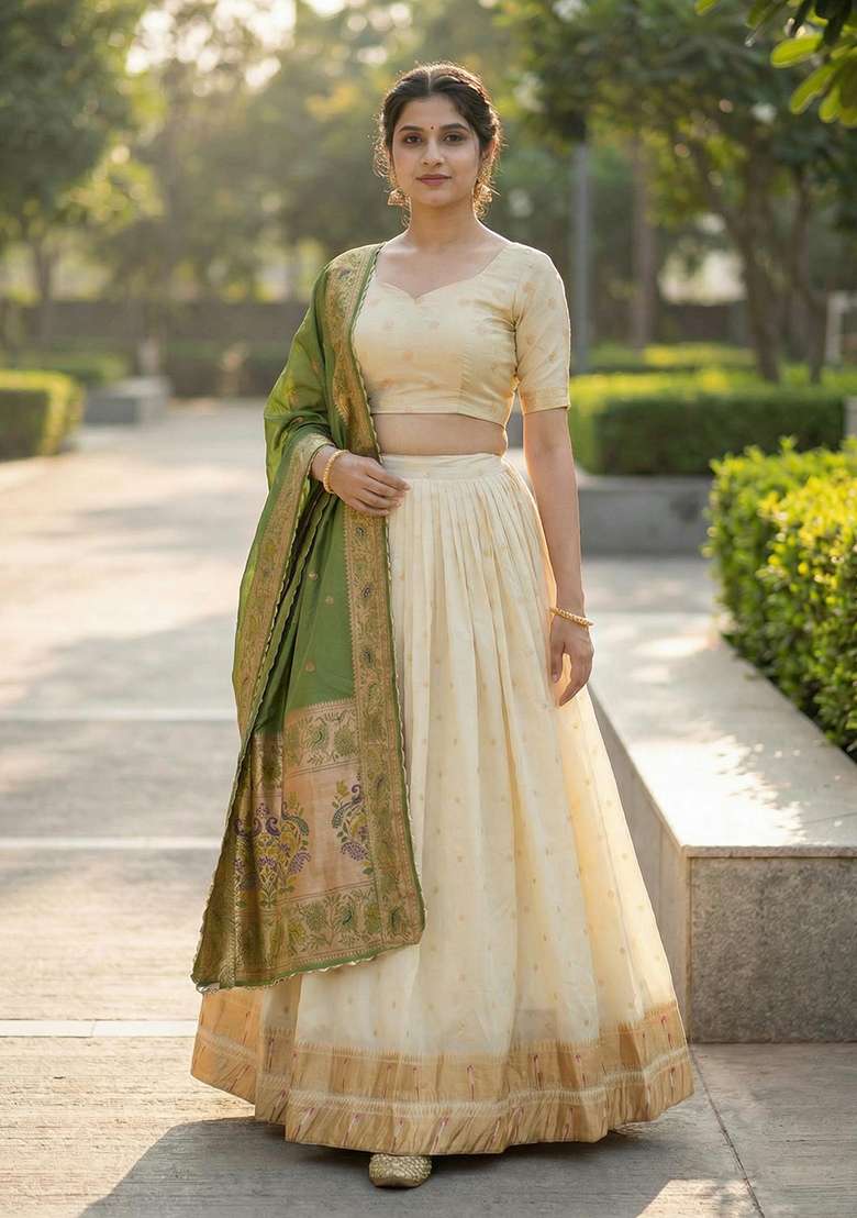 Green Woven Work Silk Blend Lehenga Set for Diwali | Wedding & Festive Wear - Indya