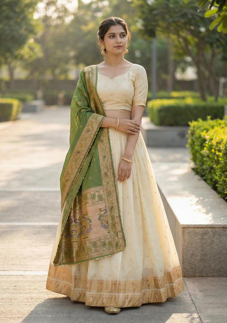 Green Woven Work Silk Lehenga Set - Indya