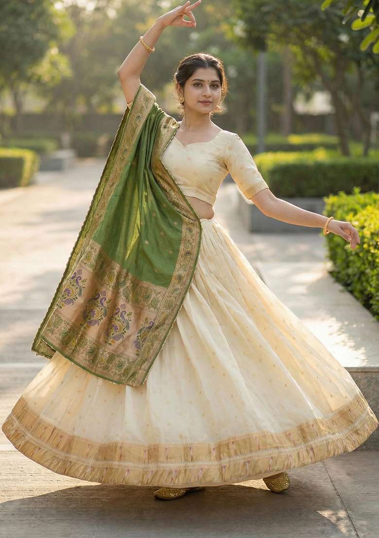 Green Woven Work Silk Blend Lehenga Set for Diwali | Wedding & Festive Wear - Indya