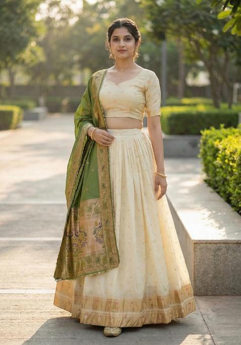 Green Woven Work Silk Lehenga Set