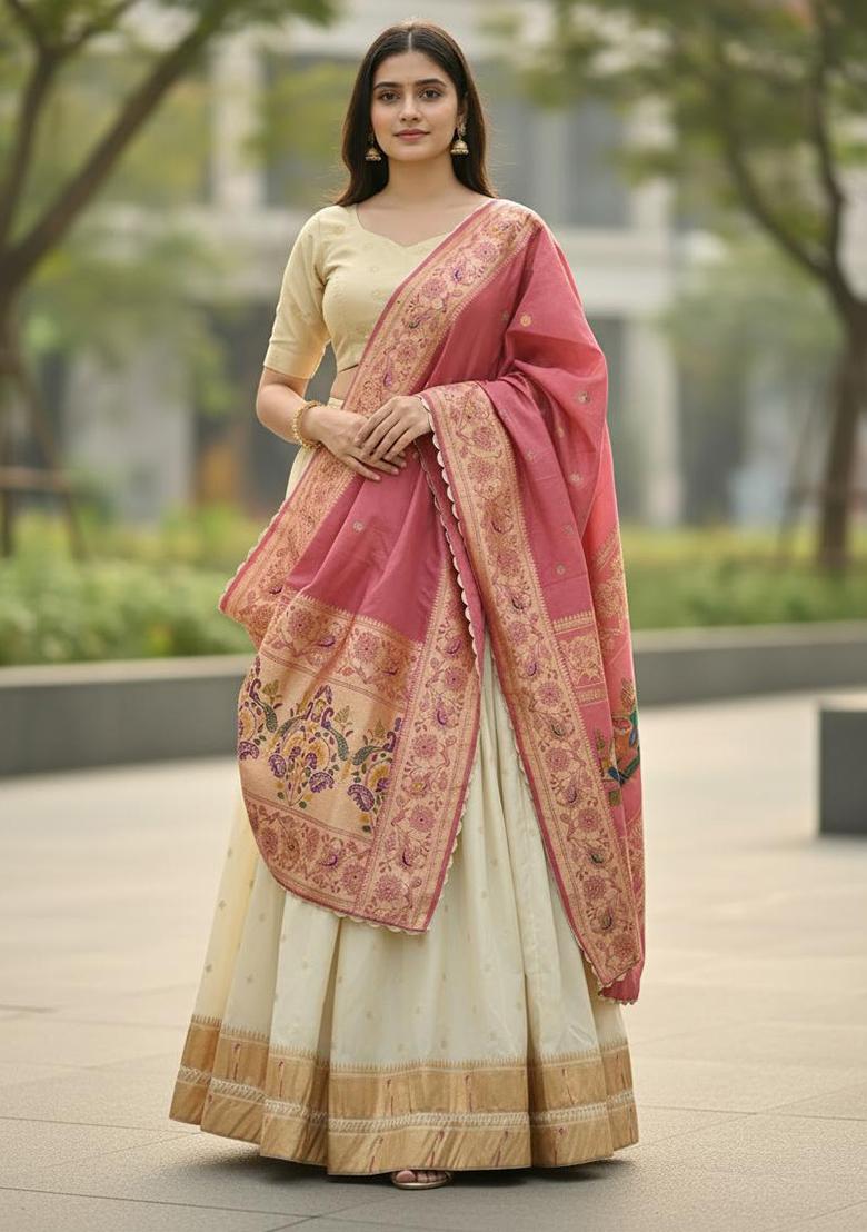 Gajari Woven Work Silk Lehenga Set - Indya