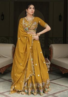 Mustard Embroidery Silk Lehenga Set