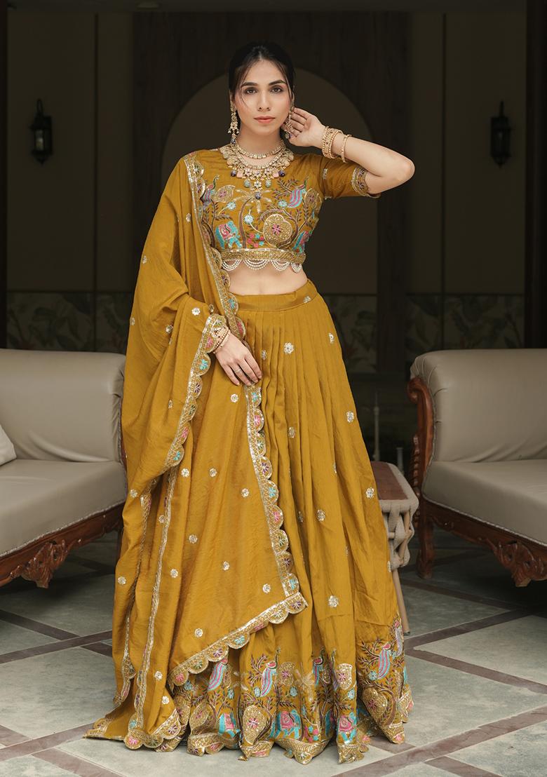 Mustard Embroidery Silk Lehenga Set - Indya