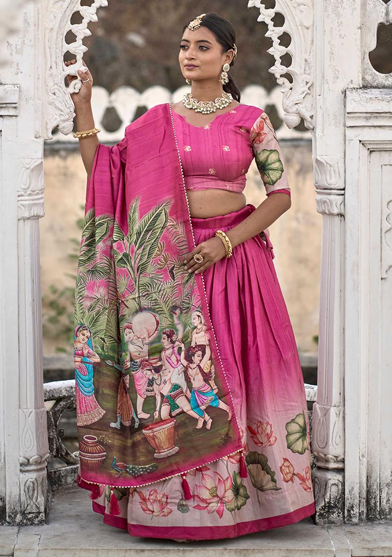 Pink Printed Silk Lehenga Set - Indya