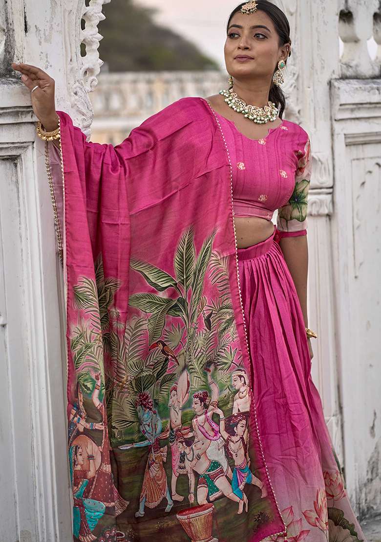 Pink Printed Silk Blend Lehenga Set for Diwali and Festive Wear - Indya