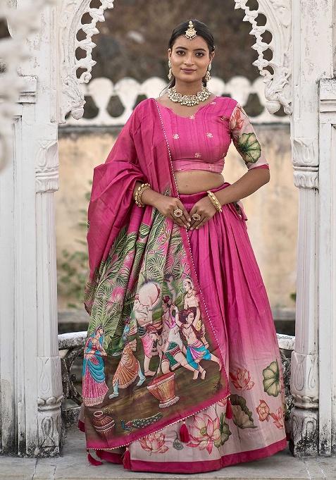 Pink Printed Silk Lehenga Set