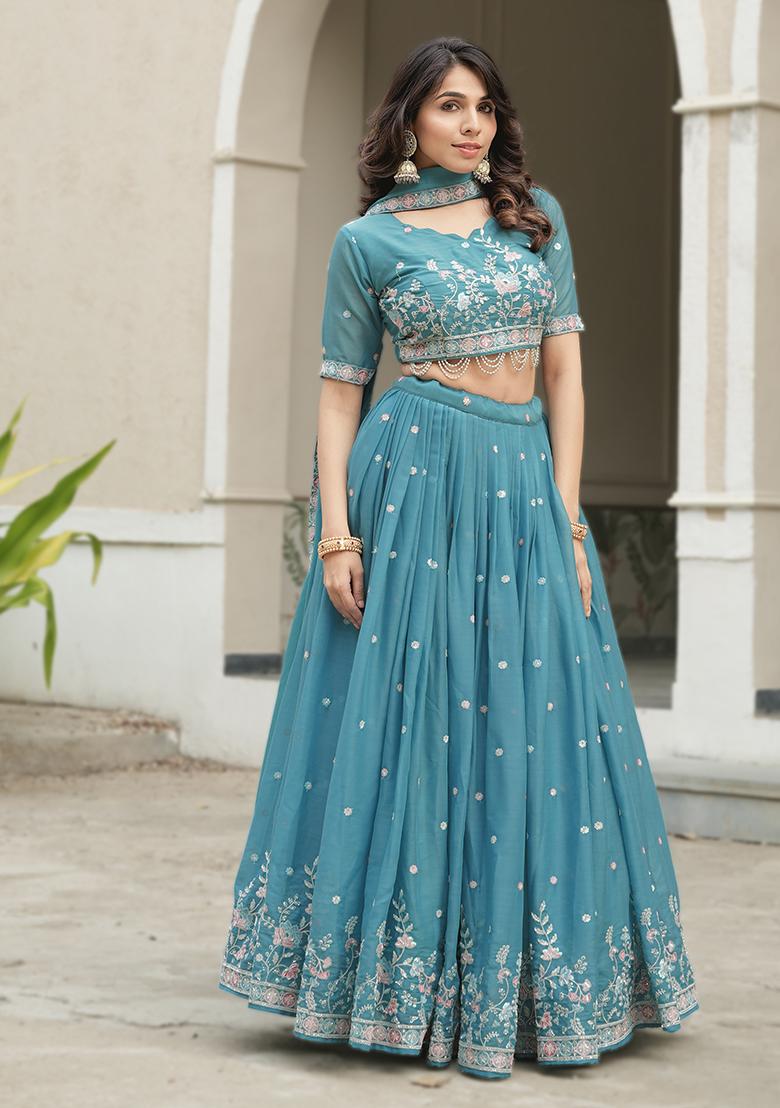 Sky Blue Embroidery Silk Lehenga Set - Indya