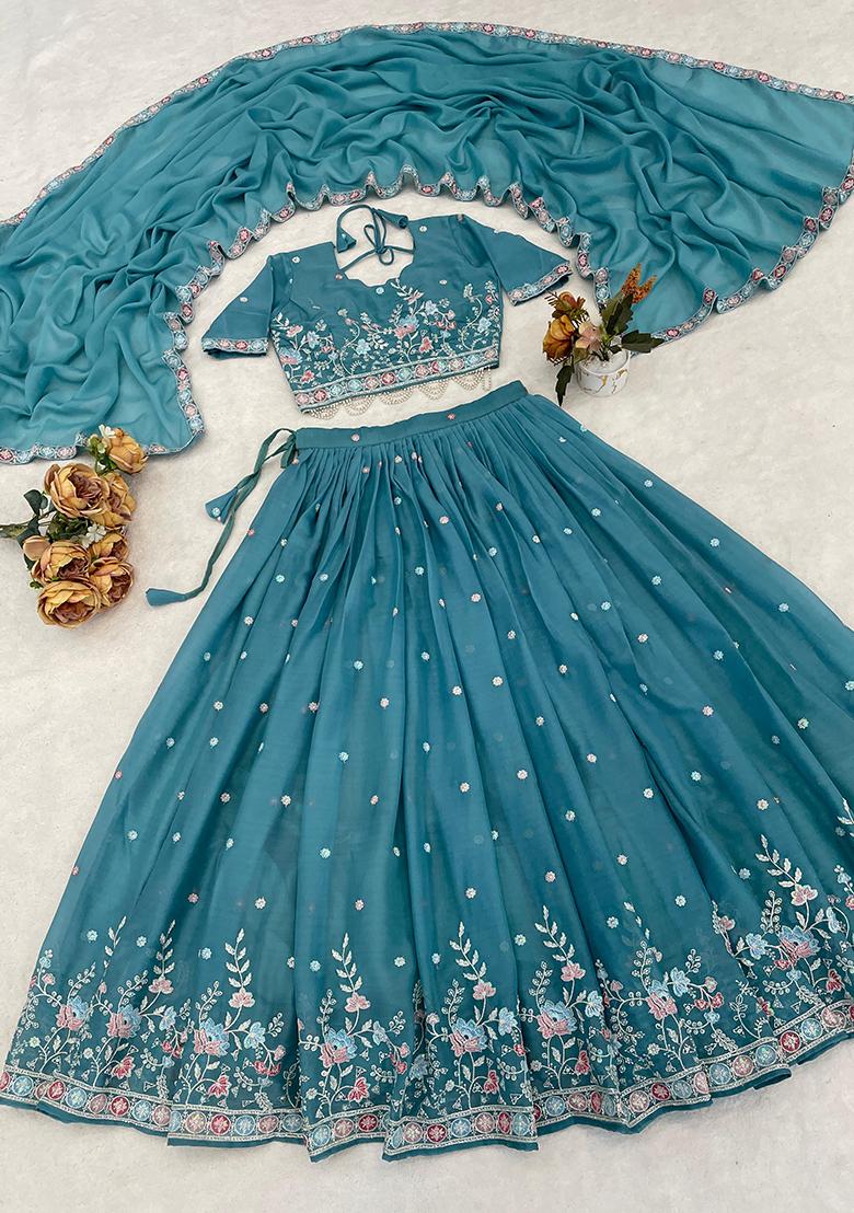 Sky Blue Embroidery Silk Lehenga Set - Indya