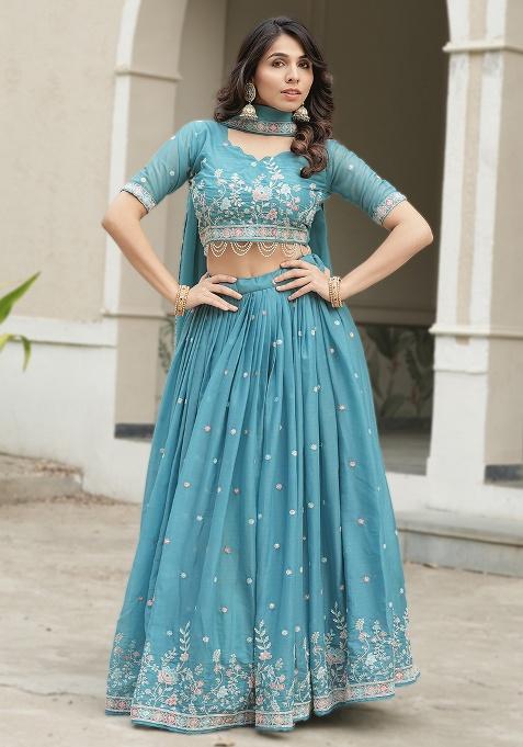Sky Blue Embroidery Silk Lehenga Set