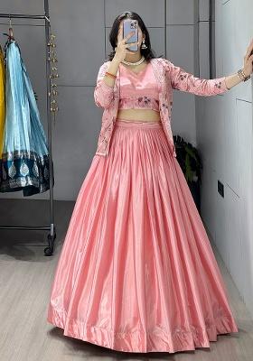Peach Embroidery Silk Lehenga Set