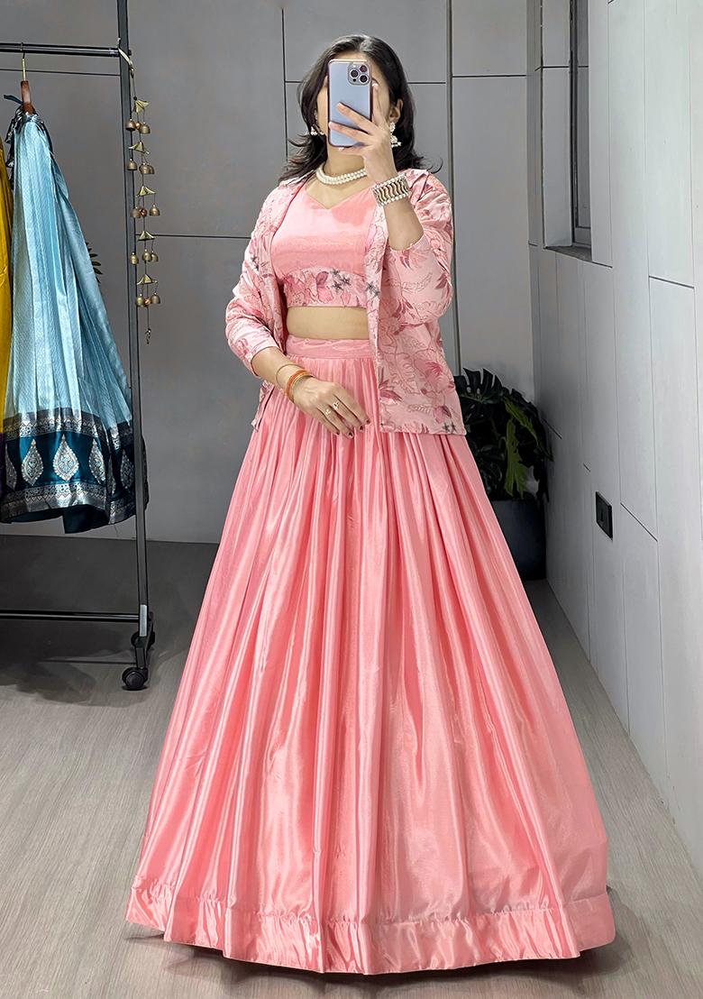 Peach Embroidery Silk Lehenga Set - Indya