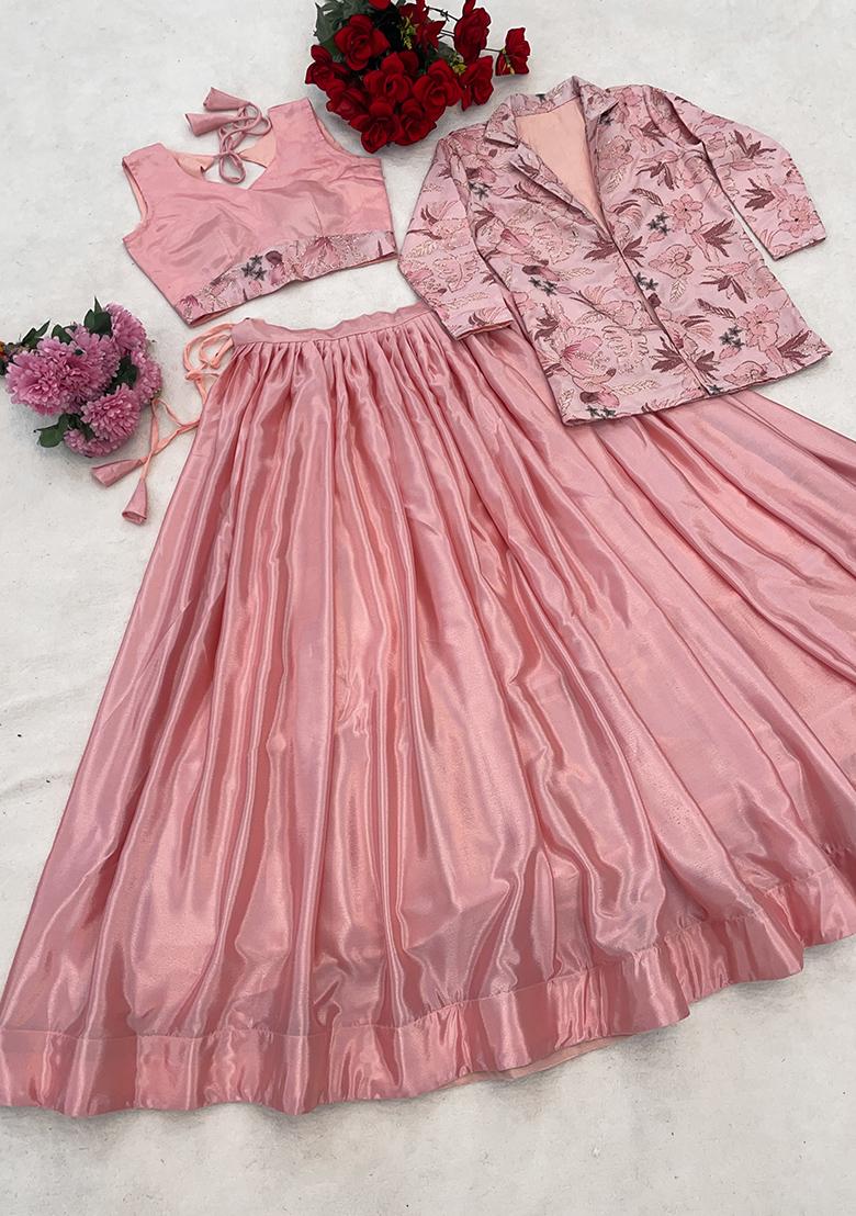 Peach Embroidery Silk Lehenga Set - Indya