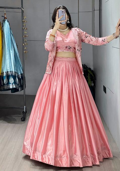 Peach Embroidery Silk Lehenga Set