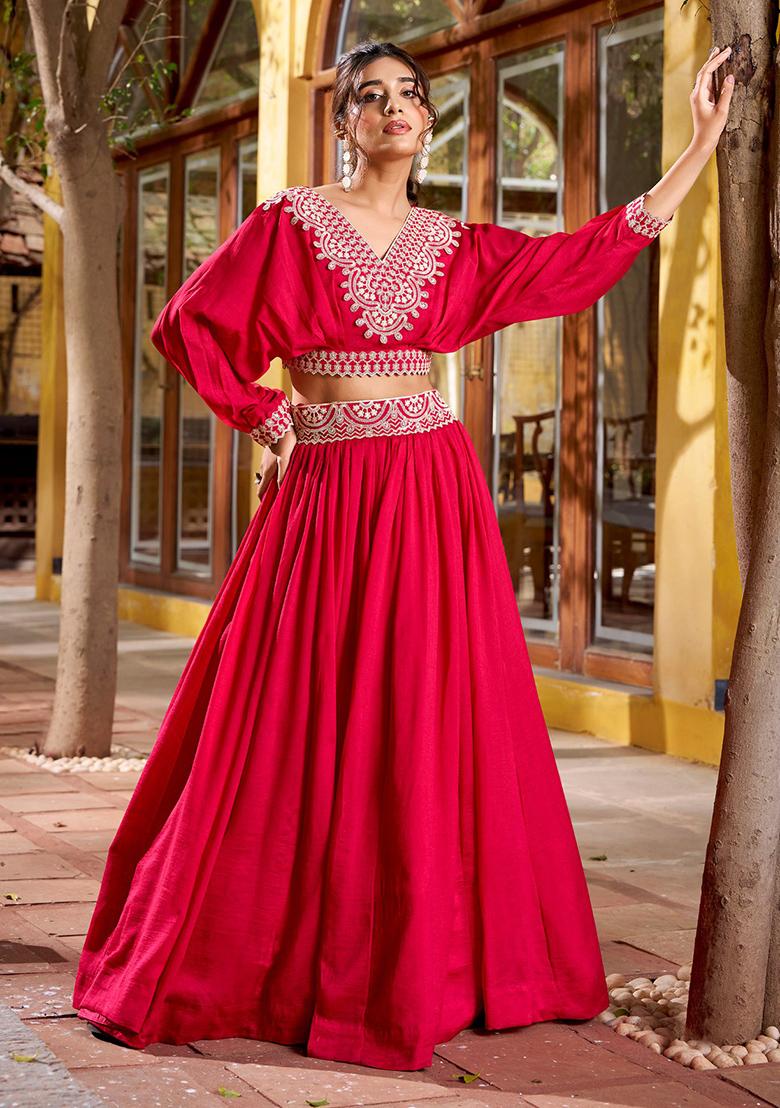 Pink Embroidery Silk Lehenga Set - Indya