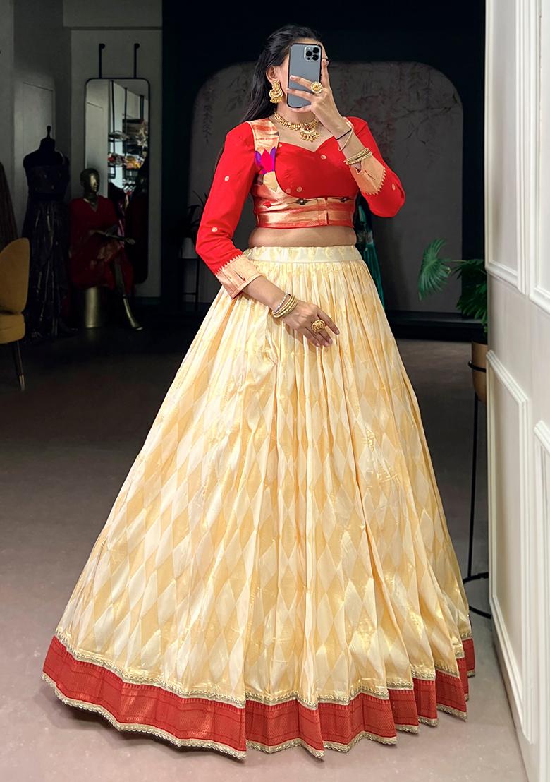 Cream Zari Weaving Silk Lehenga Set - Indya