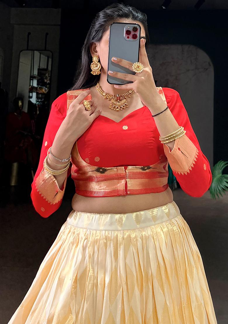 Cream Zari Weaving Silk Lehenga Set - Indya