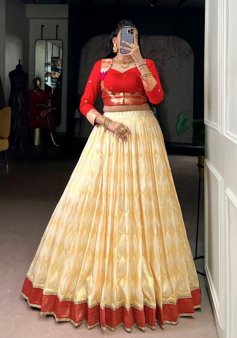 Cream Zari Weaving Silk Lehenga Set