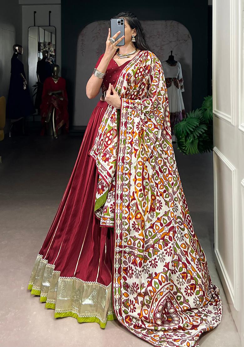 Maroon Zari Weaving Chanderi Lehenga Set - Indya