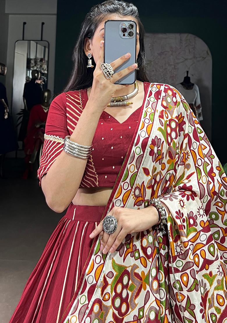 Maroon Zari Weaving Chanderi Lehenga Set - Indya