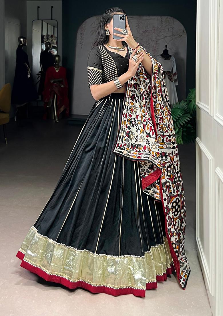 Black Zari Weaving Chanderi Lehenga Set - Indya