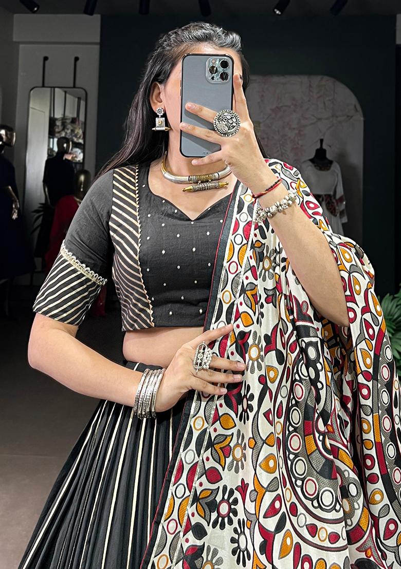Black Zari Weaving Chanderi Lehenga Set - Indya