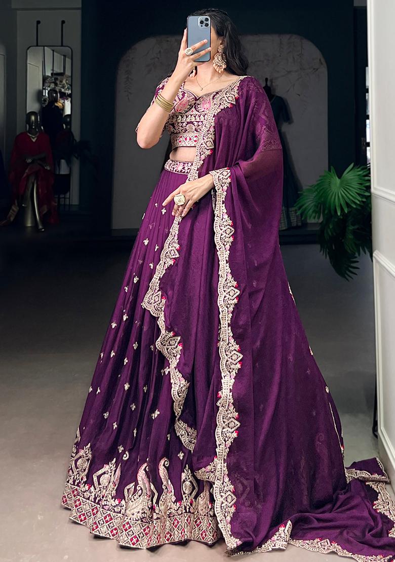 Wine Embroidery Crush Lehenga Set - Indya