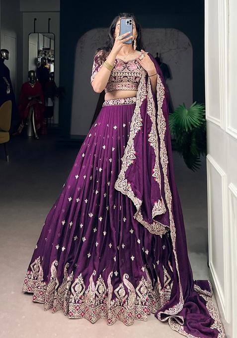 Wine Embroidery Crush Lehenga Set