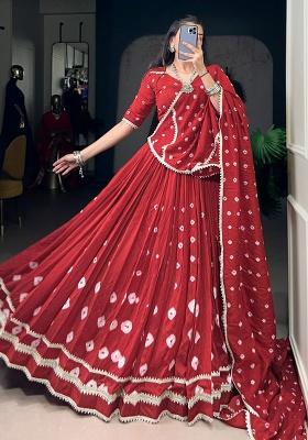 Red Printed Chanderi Lehenga Set