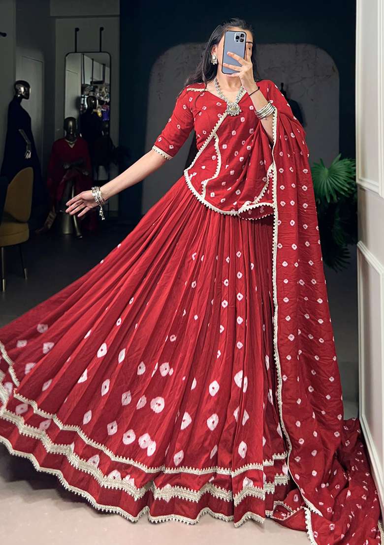 Red Printed Chanderi Lehenga Set - Indya